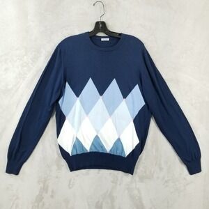 Gran Sasso Sweater Men XL Blue Argyle 100% Cotton Italy Long Sleeve Crewneck